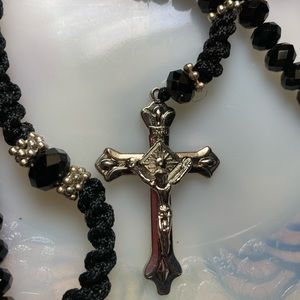 ROSARY Necklace Silver Tone Crucifix Mary Medallion Black Crystals NWOT